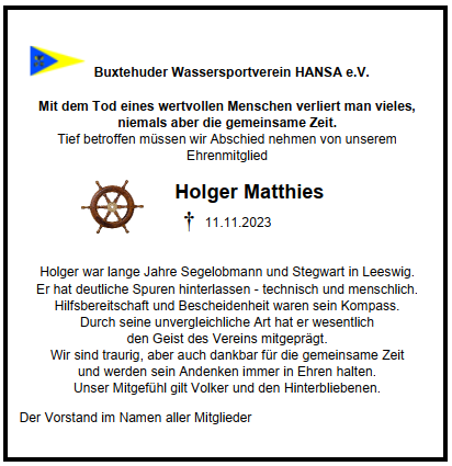Nachruf Holger Matthiess BWV HANSA